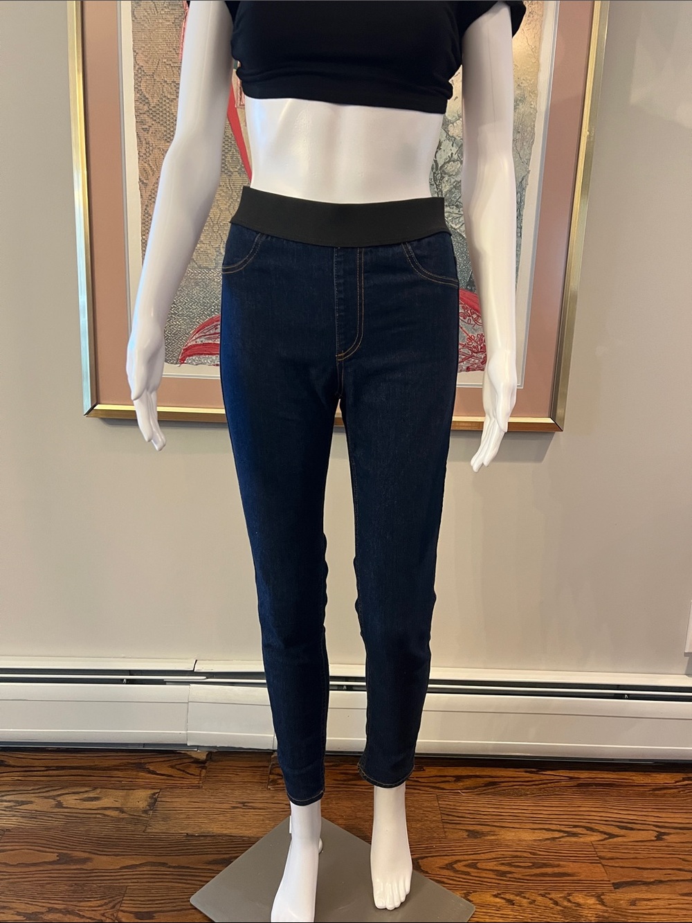 Karen Kane Dark Indigo High-Rise Jeggings with Black Waistband